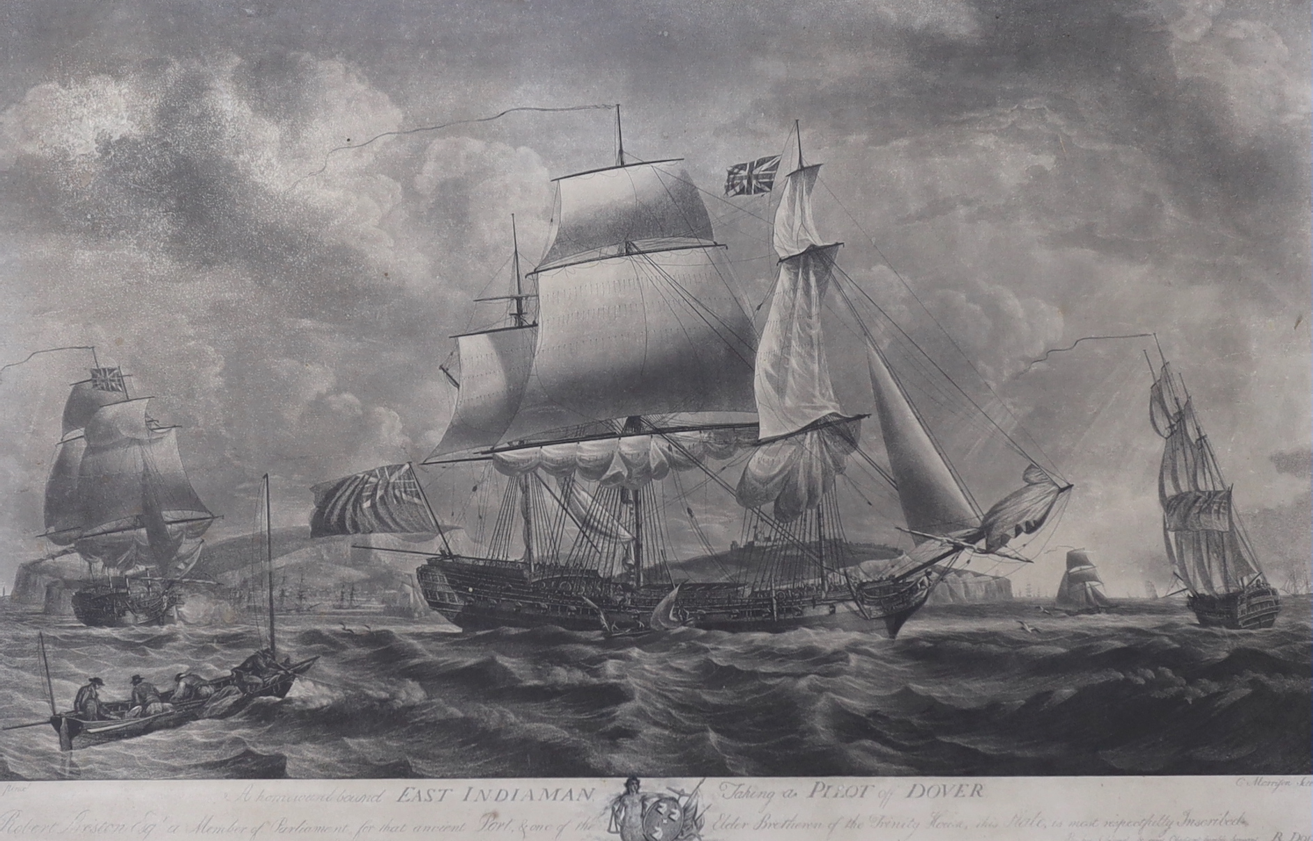 After Robert Dodd (1748-1816), engraving, 'A Homeward Bound East Indiaman, Taking Port off Dover', publ. 22nd February 1787 by R Pollard, London, 42 x 65cm
